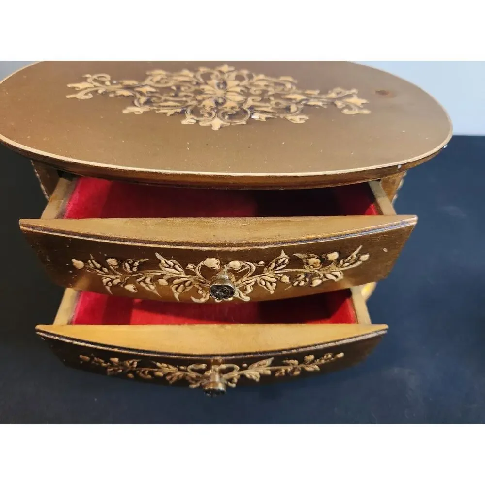 Vintage wood Florentine Jewelry Box-2 Drawers-Gold music box
